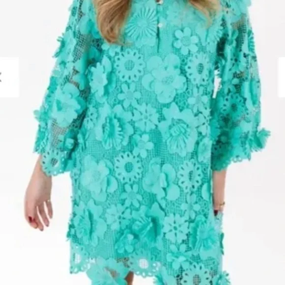 J.Marie Seraphina Dress XS mint green Short Floral 3D Lace caftan XSmall - Picture 3 of 6